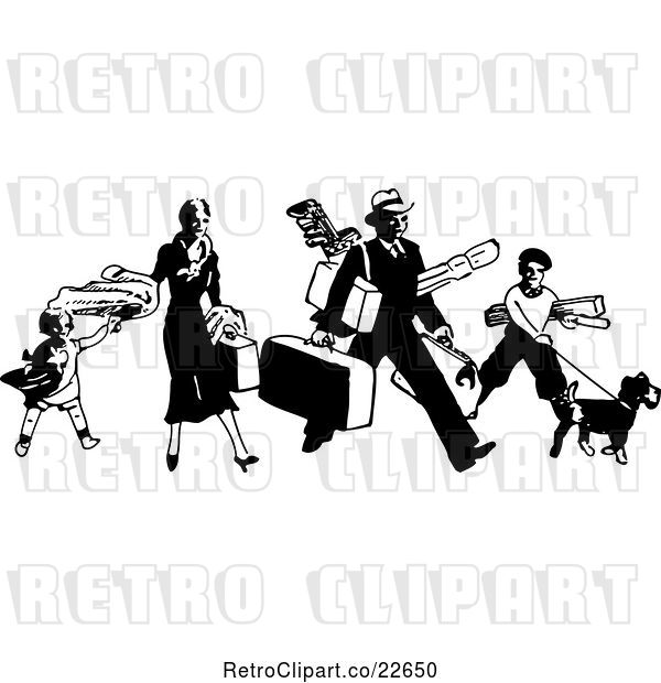 Vector Clip Art of Retro Traveling Family with Luggage