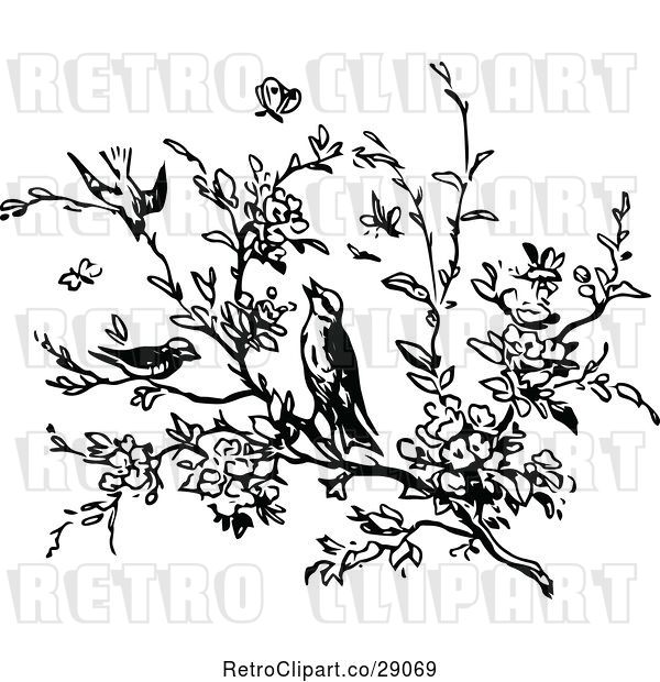 Vector Clip Art of Retro Tree Branch and Birds