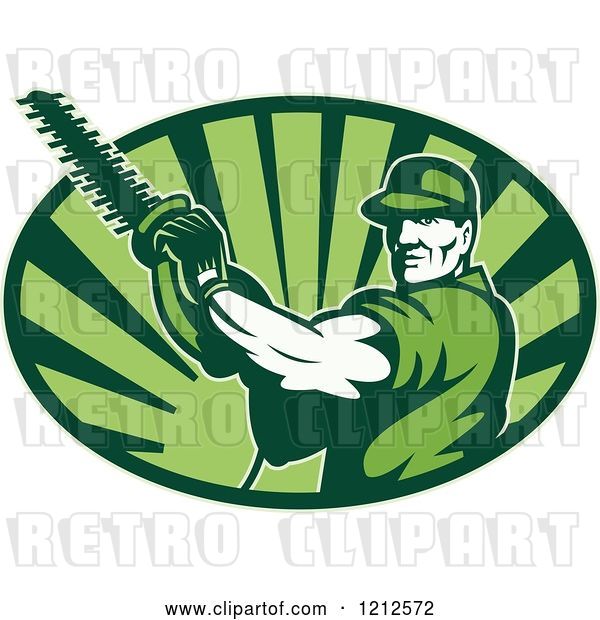 Vector Clip Art of Retro Tree Horticulturist with a Hedge Trimmer over an Oval of Green Rays