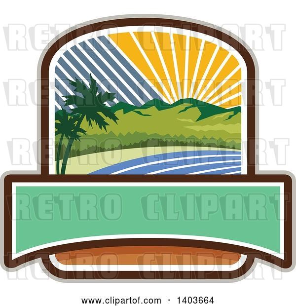 Vector Clip Art of Retro Tropical Landscape with Palm Trees, Mountains and the Coast at Sunset or Sunrise Crest Design