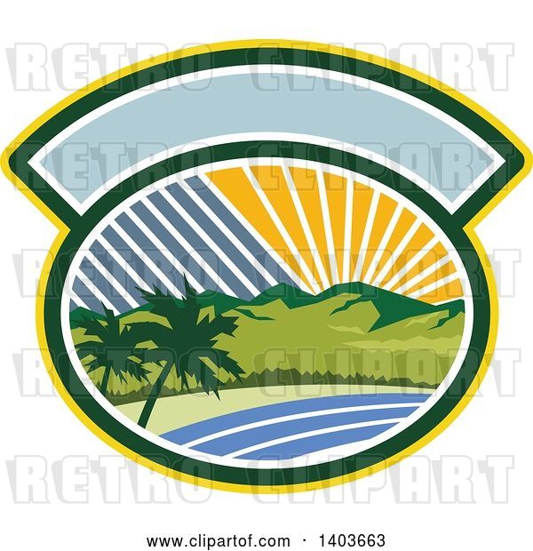 Vector Clip Art of Retro Tropical Landscape with Palm Trees, Mountains and the Coast at Sunset or Sunrise in an Oval