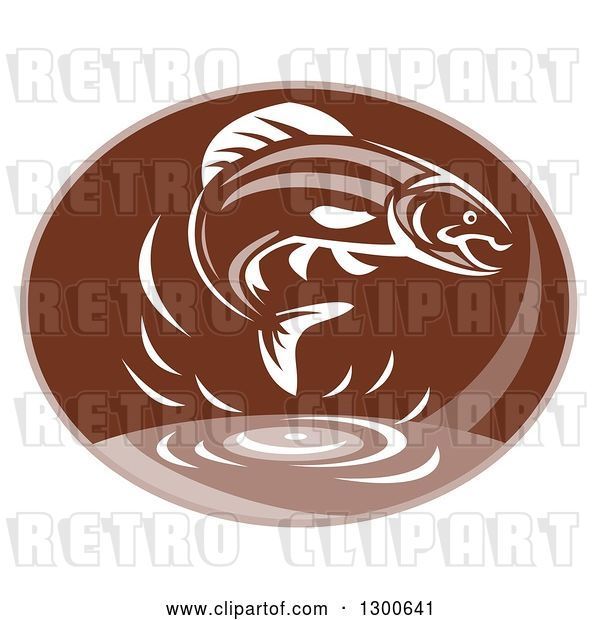 Vector Clip Art of Retro Trout Fish Jumping over Water in a Brown Oval