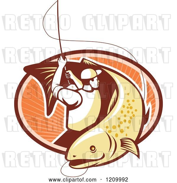 Vector Clip Art of Retro Trout Fisher Man Reeling in a Fish over an Oval of Rays