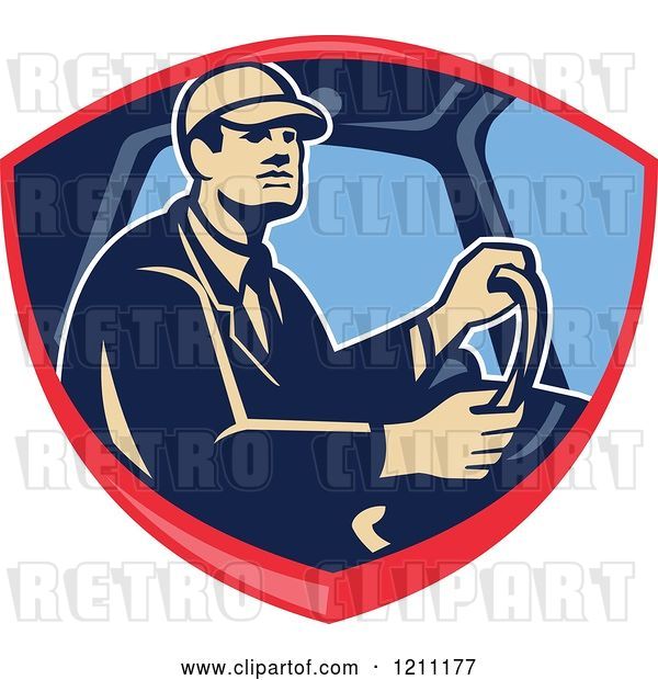 Vector Clip Art of Retro Truck Driver Behind the Wheel in a Shield Crest