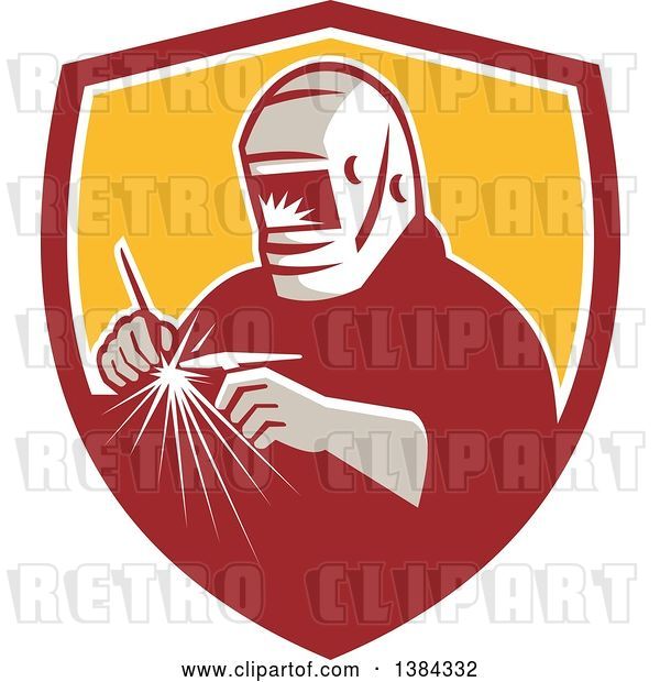 Vector Clip Art of Retro Tungsten Inert Gas Tig Welder with Welding Torch in a Red White and Yellow Shield