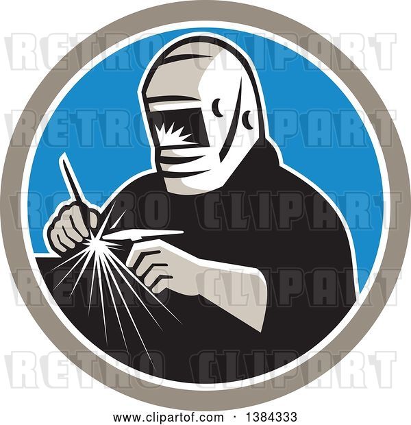 Vector Clip Art of Retro Tungsten Inert Gas Tig Welder with Welding Torch in a Taupe White and Blue Circle