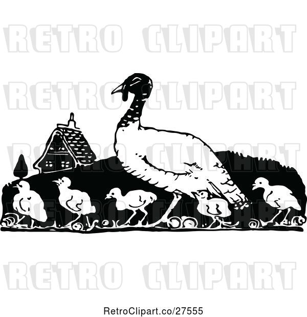 Vector Clip Art of Retro Turkey Bird and Chicks
