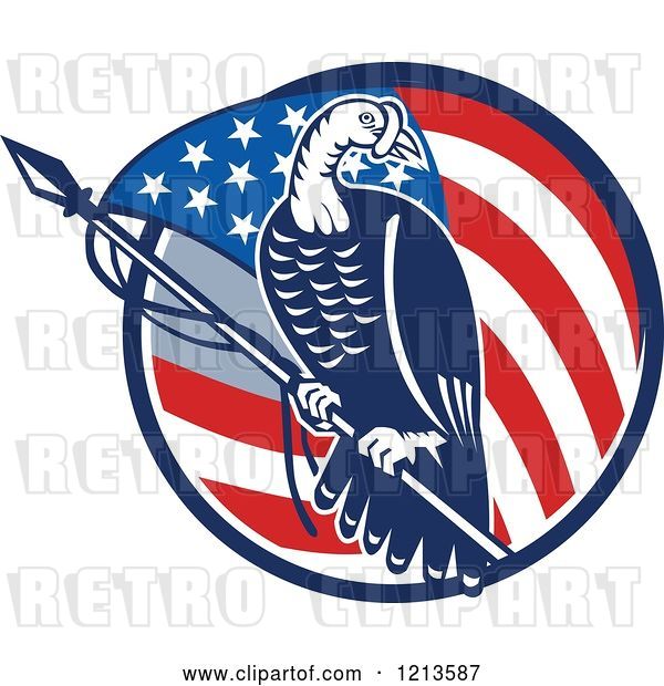 Vector Clip Art of Retro Turkey Bird on a Pole over an American Flag Circle