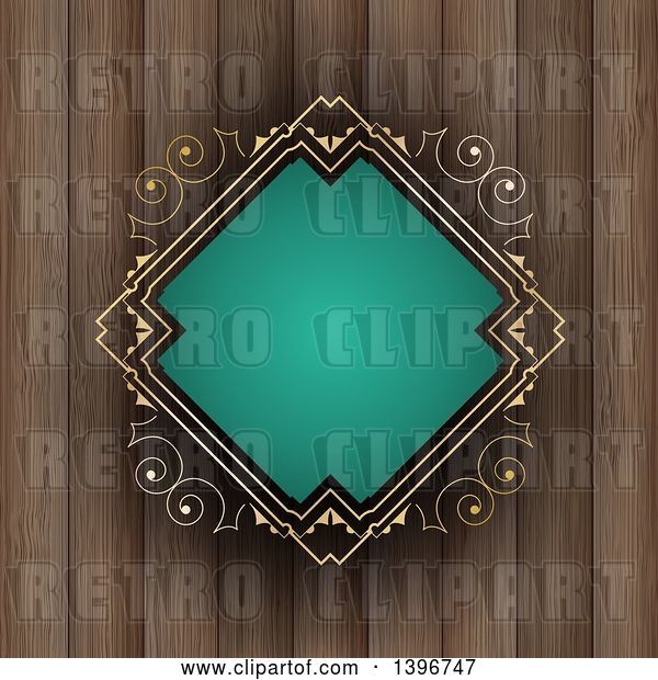 Vector Clip Art of Retro Turquoise and Gold Diamond Shaped Frame over Wood