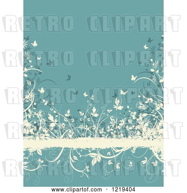 Vector Clip Art of Retro Turquoise and Tan Floral Grunge Background with Butterflies Foliage