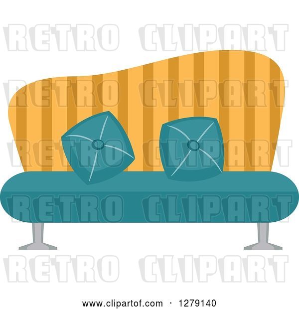 Vector Clip Art of Retro Turquoise and Yellow Striped Couch