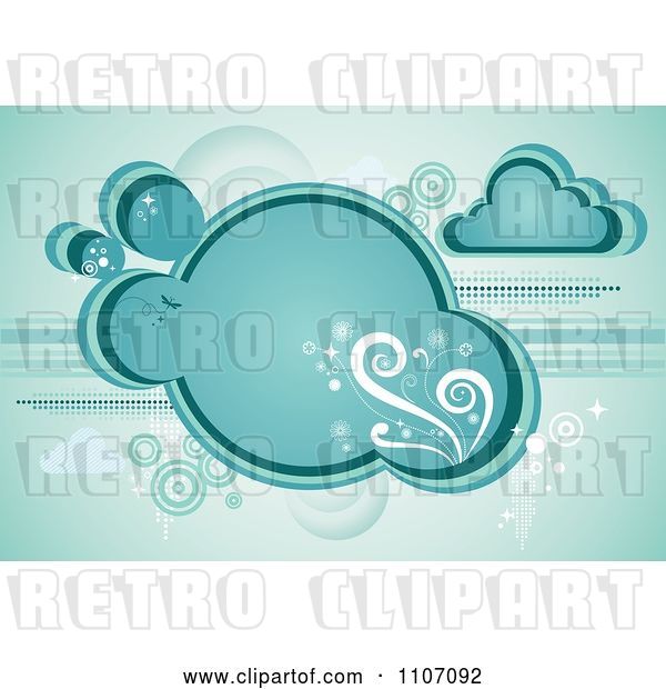 Vector Clip Art of Retro Turquoise Cloud with Vines Sparkles and Circles