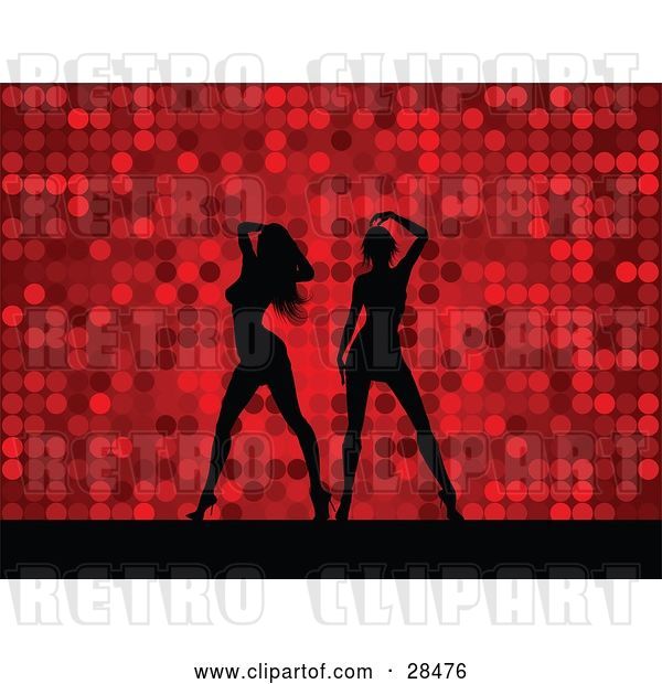 Vector Clip Art of Retro Two Black Silhouetted Women Dancing over a Red Dotted Background