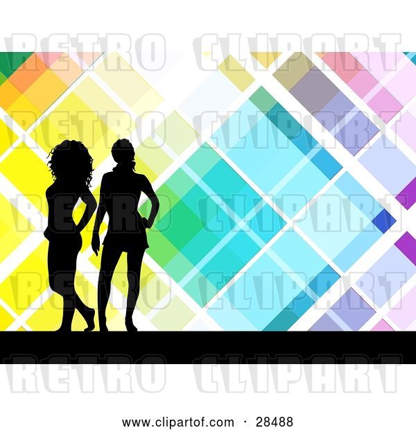 Vector Clip Art of Retro Two Black Silhouetted Women Standing over a Colorful Background with White Lines