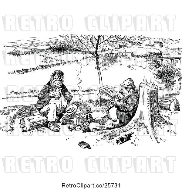 Vector Clip Art of Retro Two Men Talking and Reading Outdoors
