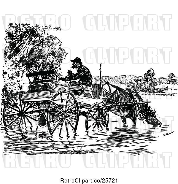 Vector Clip Art of Retro Two Men Talking at a Horse Cart in the Water