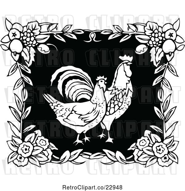 Vector Clip Art of Retro Two Roosters in a Floral Frame