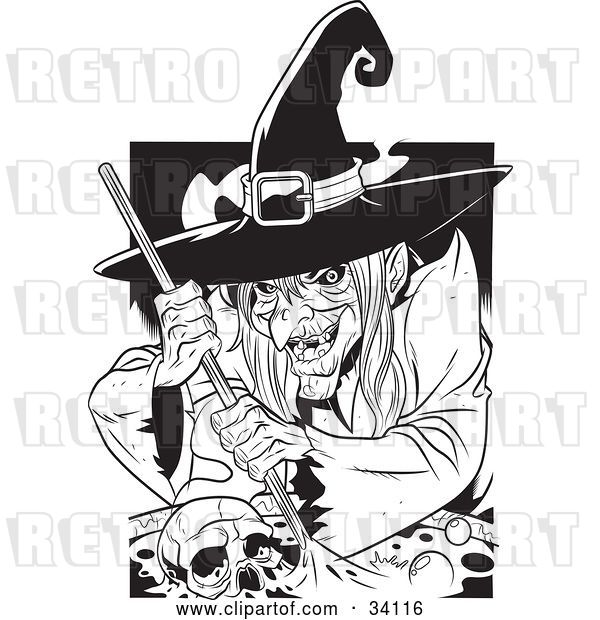 Vector Clip Art of Retro Ugly Warty Witch Grinning While Stirring a Skull and Potion in a Spell Cauldron