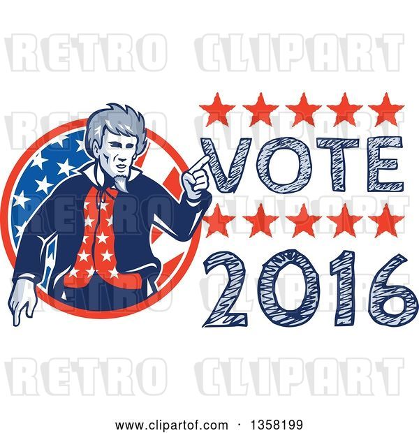 Vector Clip Art of Retro Uncle Sam in an American Patiotic Suit, Pointing from a Circle by Vote 2016 Text