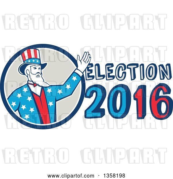 Vector Clip Art of Retro Uncle Sam in an American Patiotic Suit, Waving from a Circle by Election 2016 Text