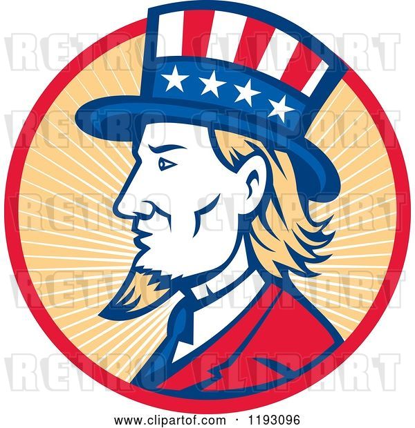 Vector Clip Art of Retro Uncle Sam with a Patriotic Top Hat in a Circle of Rays
