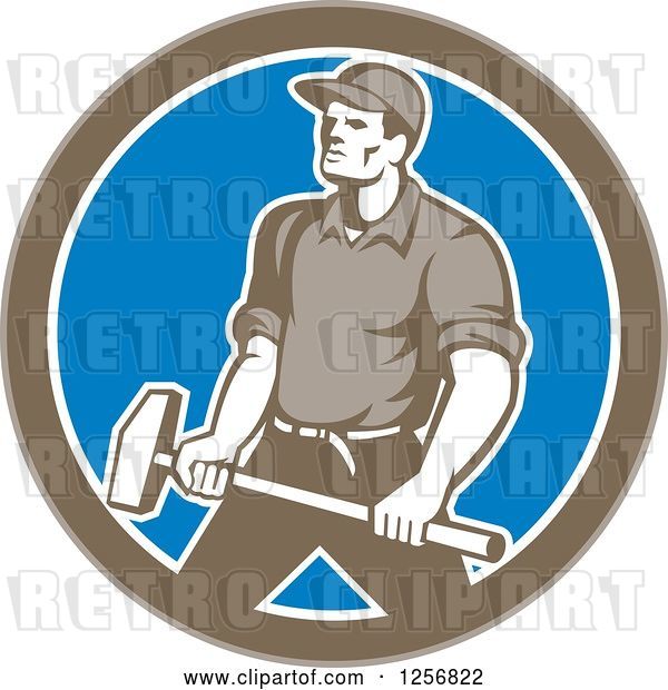 Vector Clip Art of Retro Union Worker Carrying a Sledgehammer in a Brown White and Blue Circle