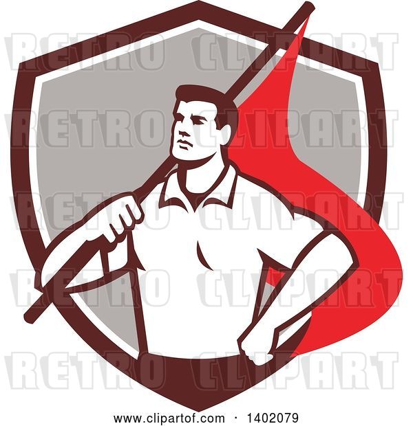 Vector Clip Art of Retro Union Worker Guy Holding a Flag over His Shoulder in a Brown White and Gray Shield