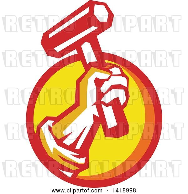 Vector Clip Art of Retro Union Worker Hand Holding up a Hammer or Mallet in a Red Orange and Yellow Circle
