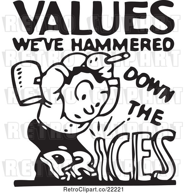 Vector Clip Art of Retro Values We've Hammered down the Prices Advertisement