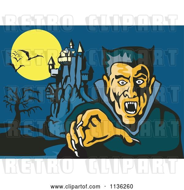 Vector Clip Art of Retro Vampire Reaching out with His Castle in the Background