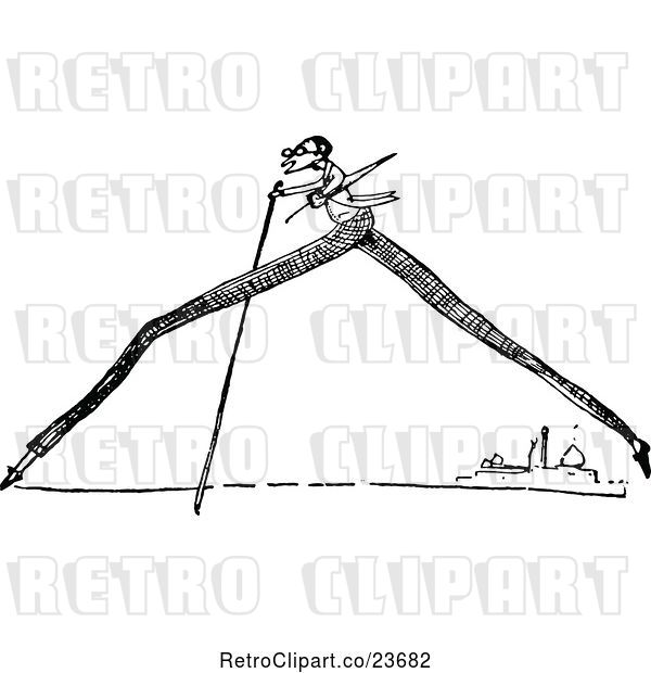 Vector Clip Art of Retro Very Long Legged Guy Walking with a Cane