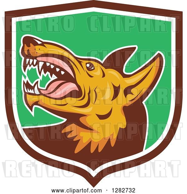 Vector Clip Art of Retro Vicious Wild Dog with Fangs in a Brown White and Green Shield
