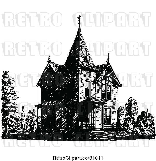 Vector Clip Art of Retro Victorian Queen Anne Style House 2