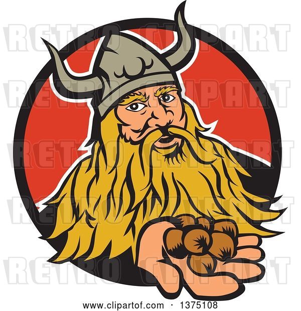 Vector Clip Art of Retro Viking Warrior Holding out Hazelnuts and Emerging from a Black and Red Circle