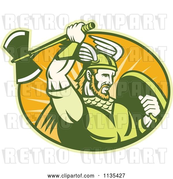 Vector Clip Art of Retro Viking Warrior with a Winged Helmet and Battle Axe in an Oval