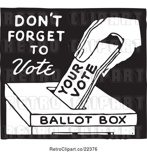 Vector Clip Art of Retro Voter Putting a Ballot in a Box with Dont Forget to Vote Text