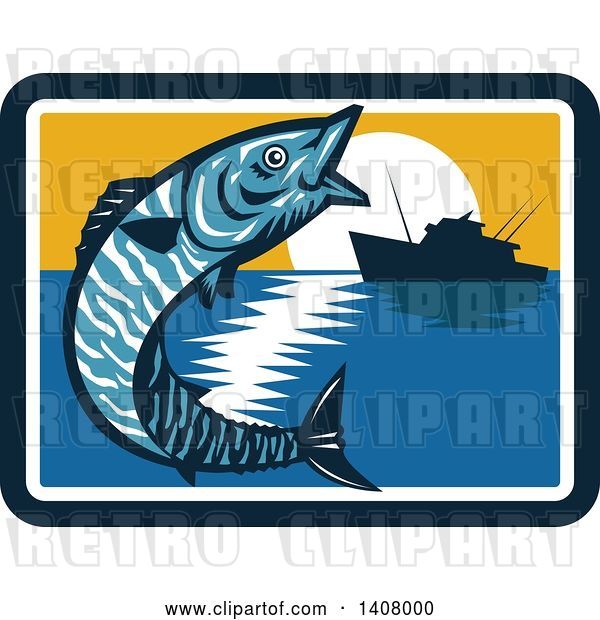 Vector Clip Art of Retro Wahoo Scombrid Fish Jumping near a Silhouetted Fishing Boat at Sunset