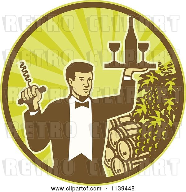 Vector Clip Art of Retro Waiter Carrying Wine and a Corkscrew in a Circle of Rays Grapes and Barrels