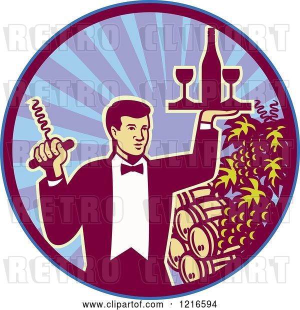 Vector Clip Art of Retro Waiter Guy Holding a Corkscrew and Wine Tray over Barrels in a Circle