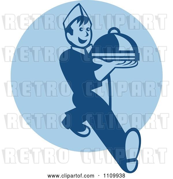 Vector Clip Art of Retro Waiter Serving a Platter over a Blue Circle
