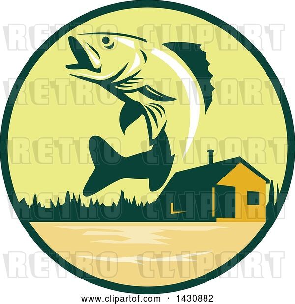 Vector Clip Art of Retro Walleye Fish Jumping in Front of a Lake Cabin in a Green and Orange Circle