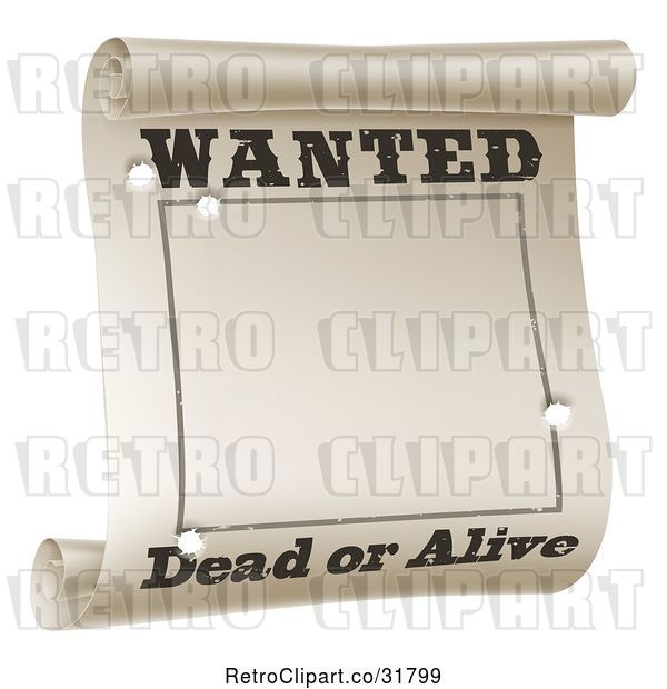 Vector Clip Art of Retro Wanted Dead or Alive Poster with Bullet Holes