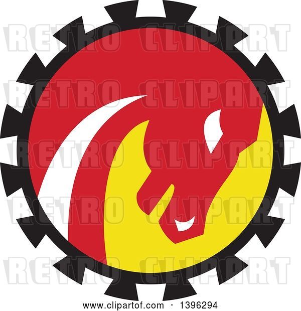 Vector Clip Art of Retro War Horse Head in a Black Red White and Yellow Gear Circle