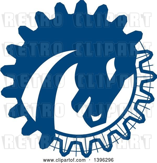 Vector Clip Art of Retro War Horse Head in a Blue Gear Circle