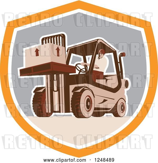 Vector Clip Art of Retro Warehouse Worker Moving a Crate on a Forklift in a Shield