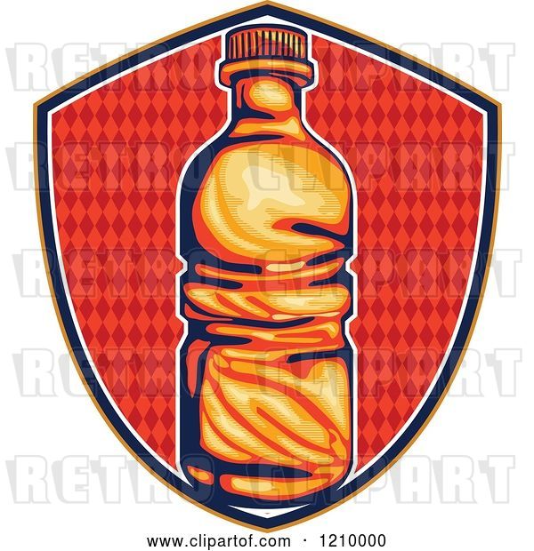 Vector Clip Art of Retro Water or Soda Bottle over a Diamond Patterned Shield