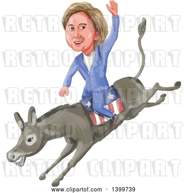 Vector Clip Art of Retro Watercolor Caricature of Hillary Clinton Riding a Democratic Donkey