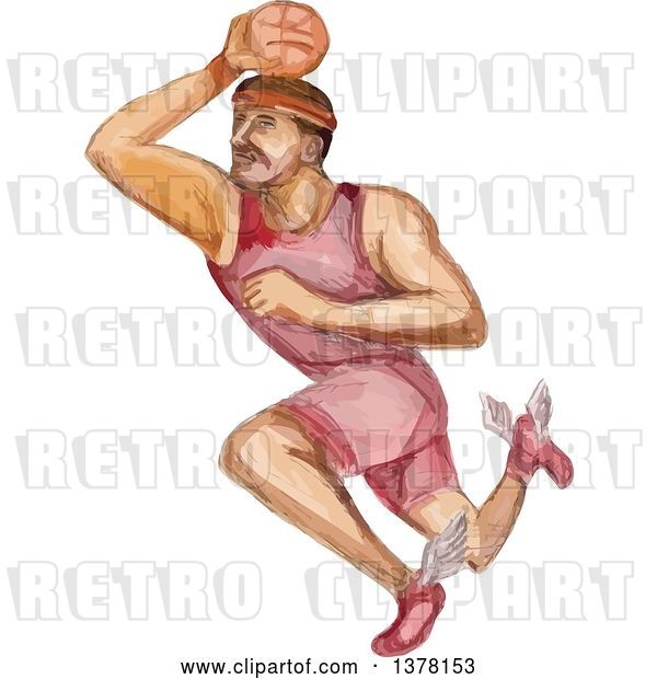 Vector Clip Art of Retro Watercolor Caricature Styled Basketball Player Dunking