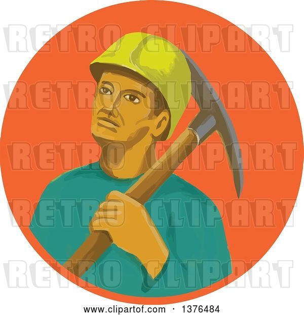 Vector Clip Art of Retro Watercolor Styled Coal Miner with a Pick Axe over His Shoulder, in an Orange Circle