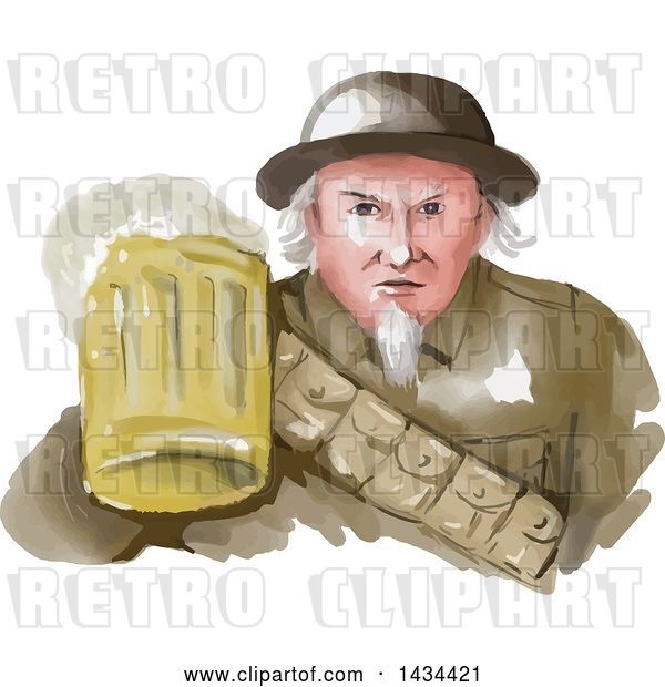 Vector Clip Art of Retro Watercolor Styled Uncle Same WWII Soldier Holding up a Mug of Beer